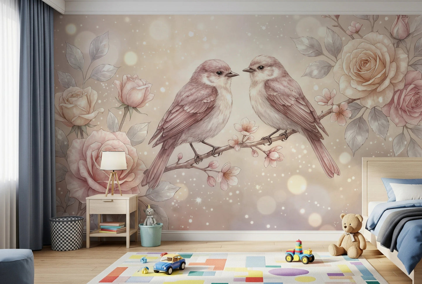 Soft pastel birds wallpaper with roses for living room