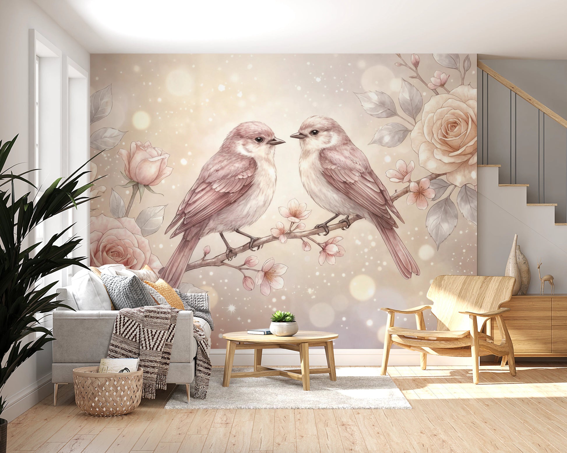 Hand-painted style birds wallpaper with roses design