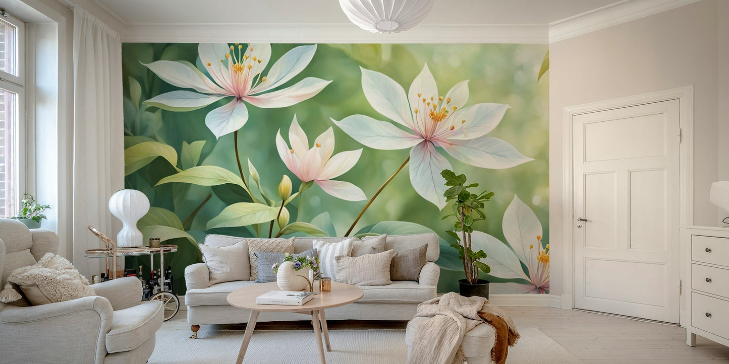 A peaceful flower design mural on decorative wallpaper.

