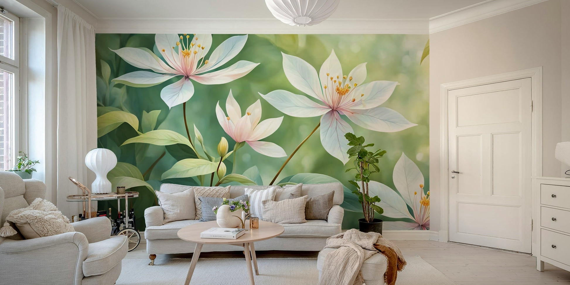 A peaceful flower design mural on decorative wallpaper.

