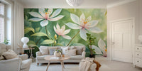 A peaceful flower design mural on decorative wallpaper.

