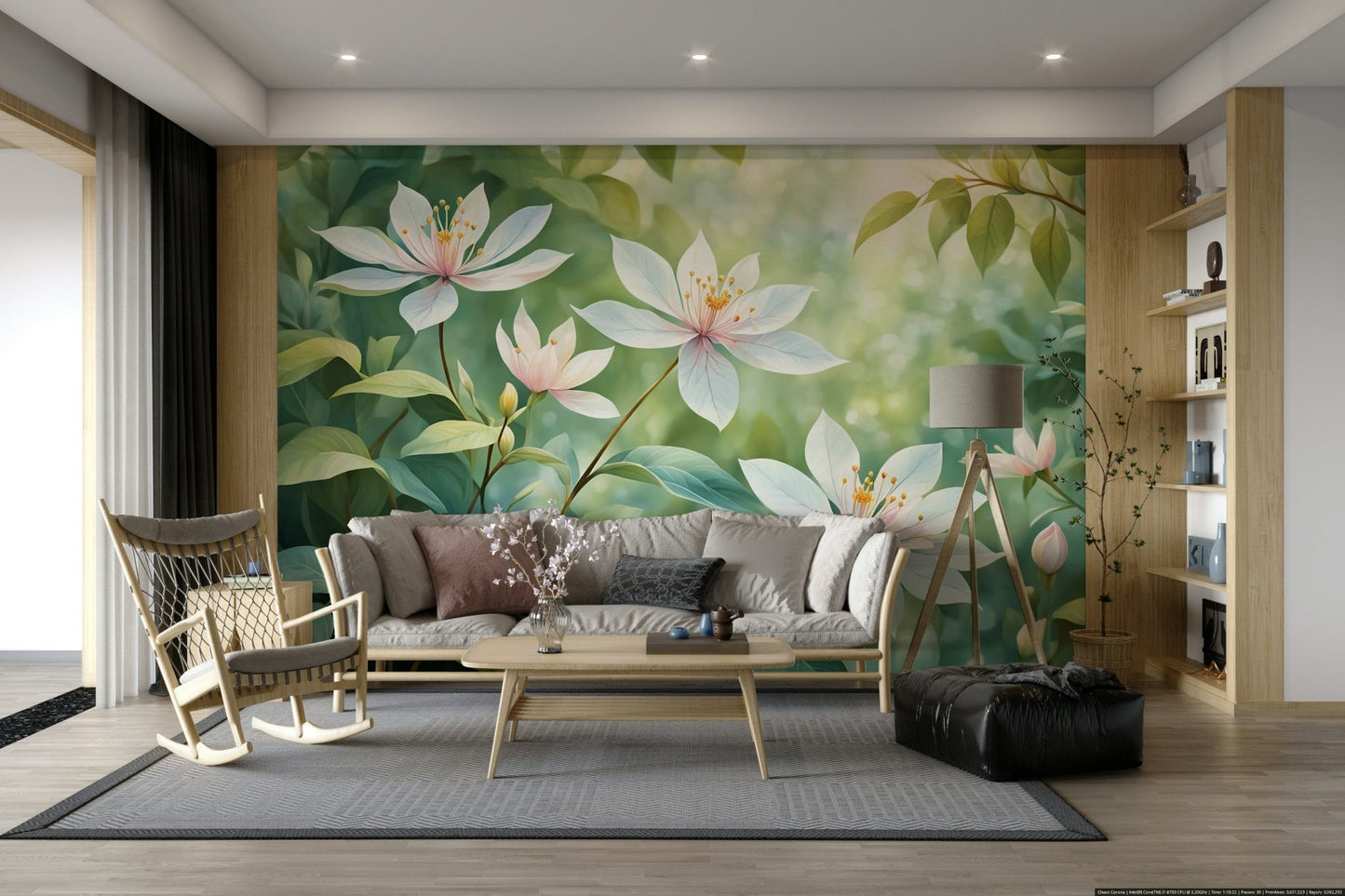A graceful subtle bloom wall mural in soft, elegant tones.

