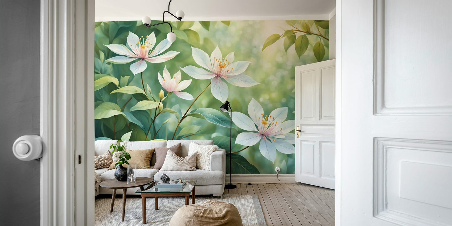 A calming floral abstract wallpaper mural that defines a space.

