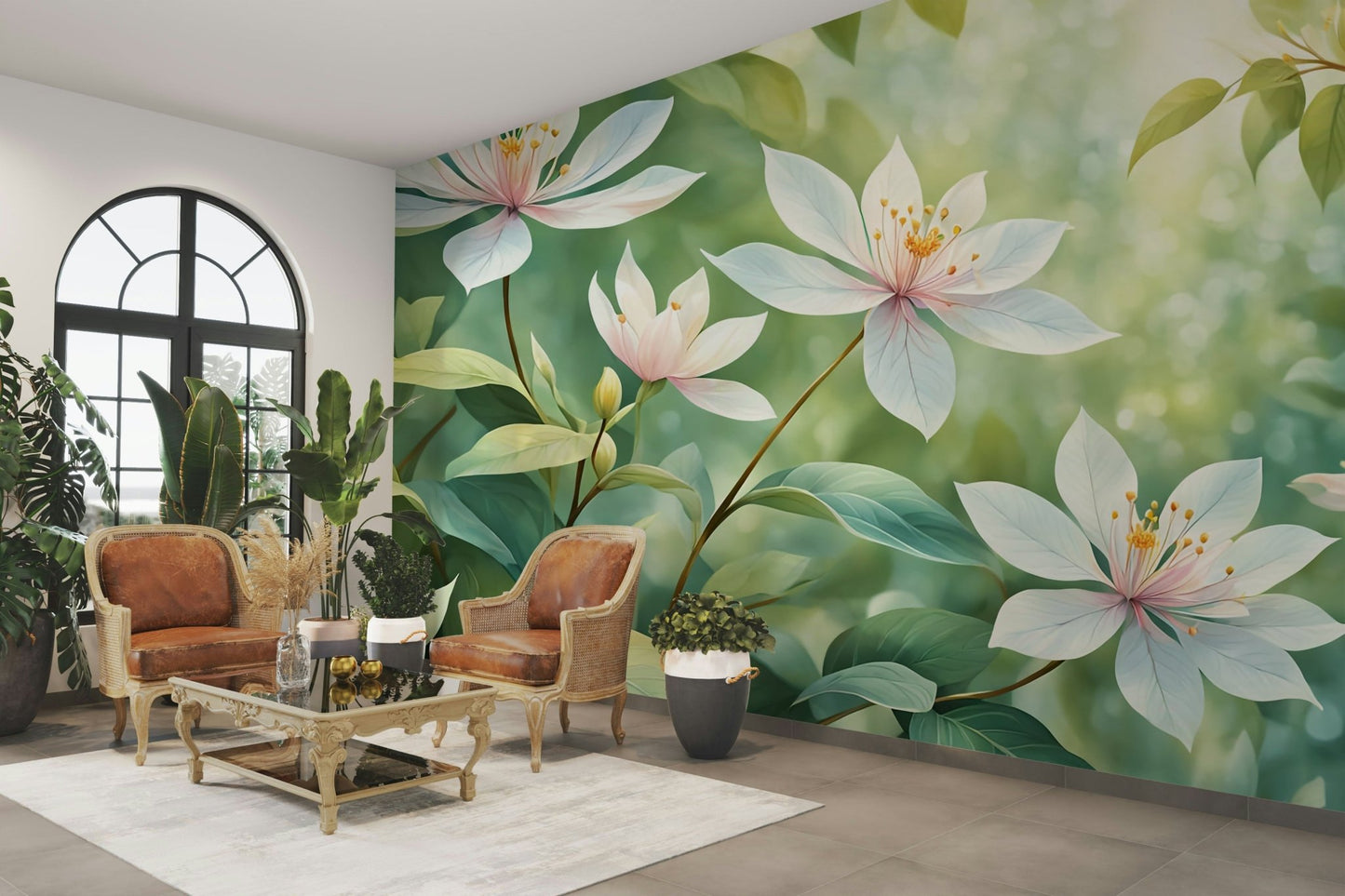 A contemplative floral pattern wallpaper mural for a feature wall.

