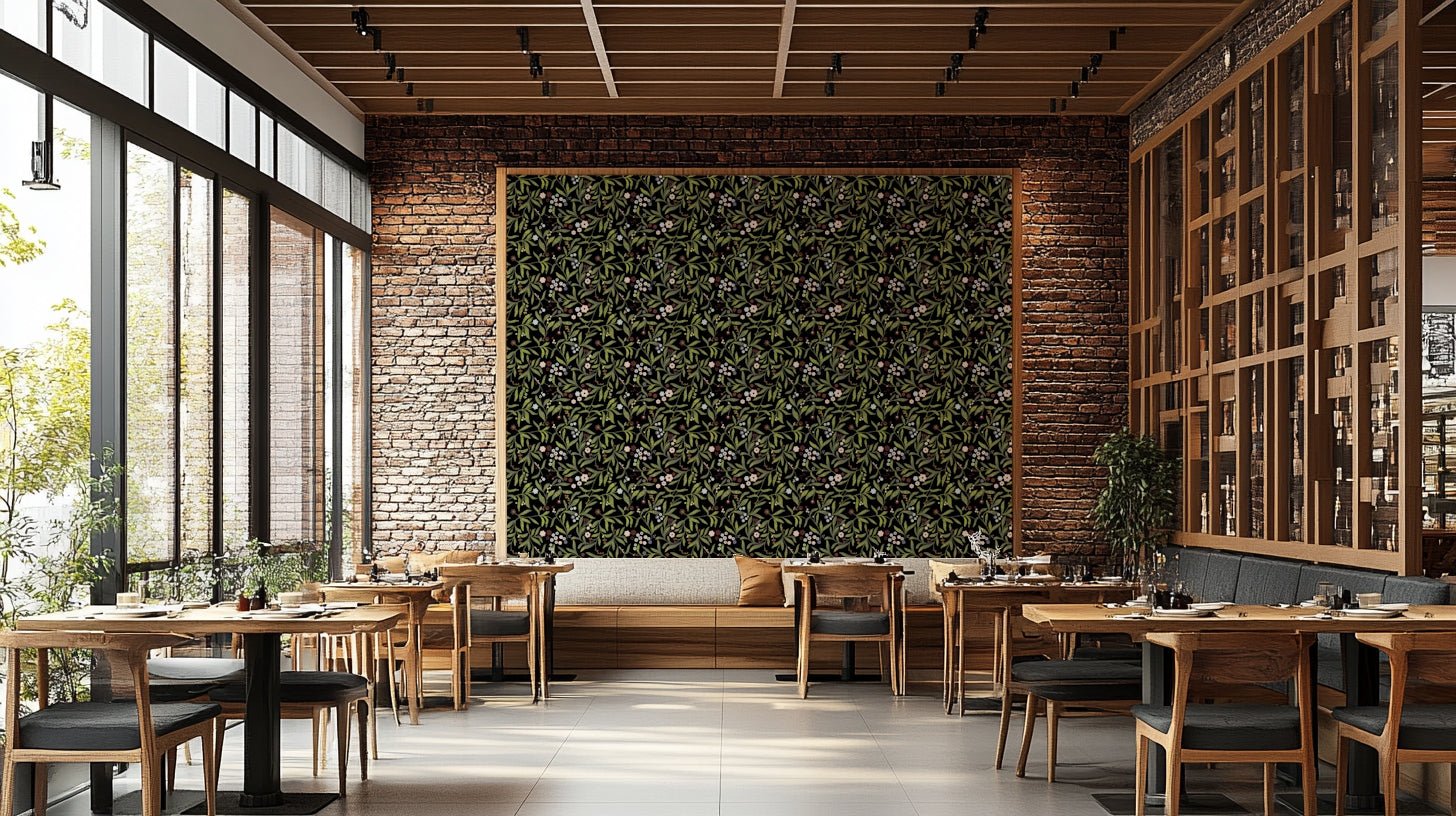An artistic peaceful garden mural on minimalist wallpaper.


