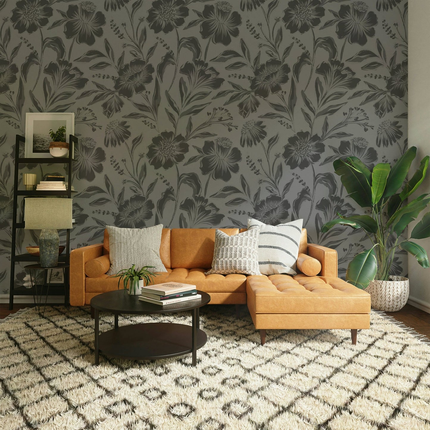 The colors are muted, with a light background and slightly darker floral shapes.

