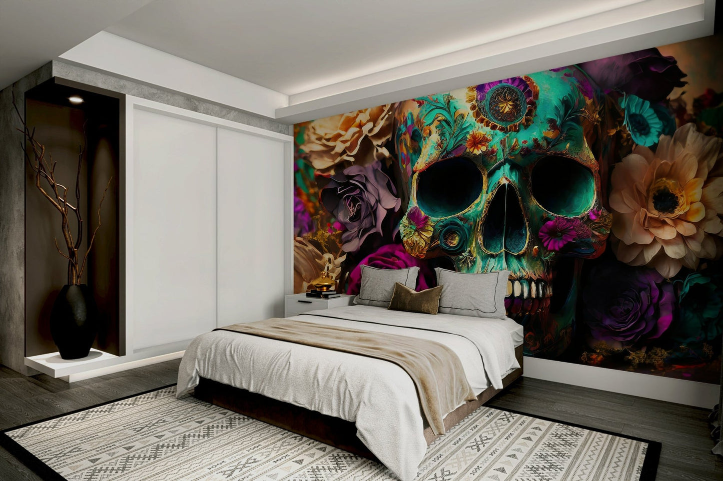 Decorative skull mural with vibrant floral design

