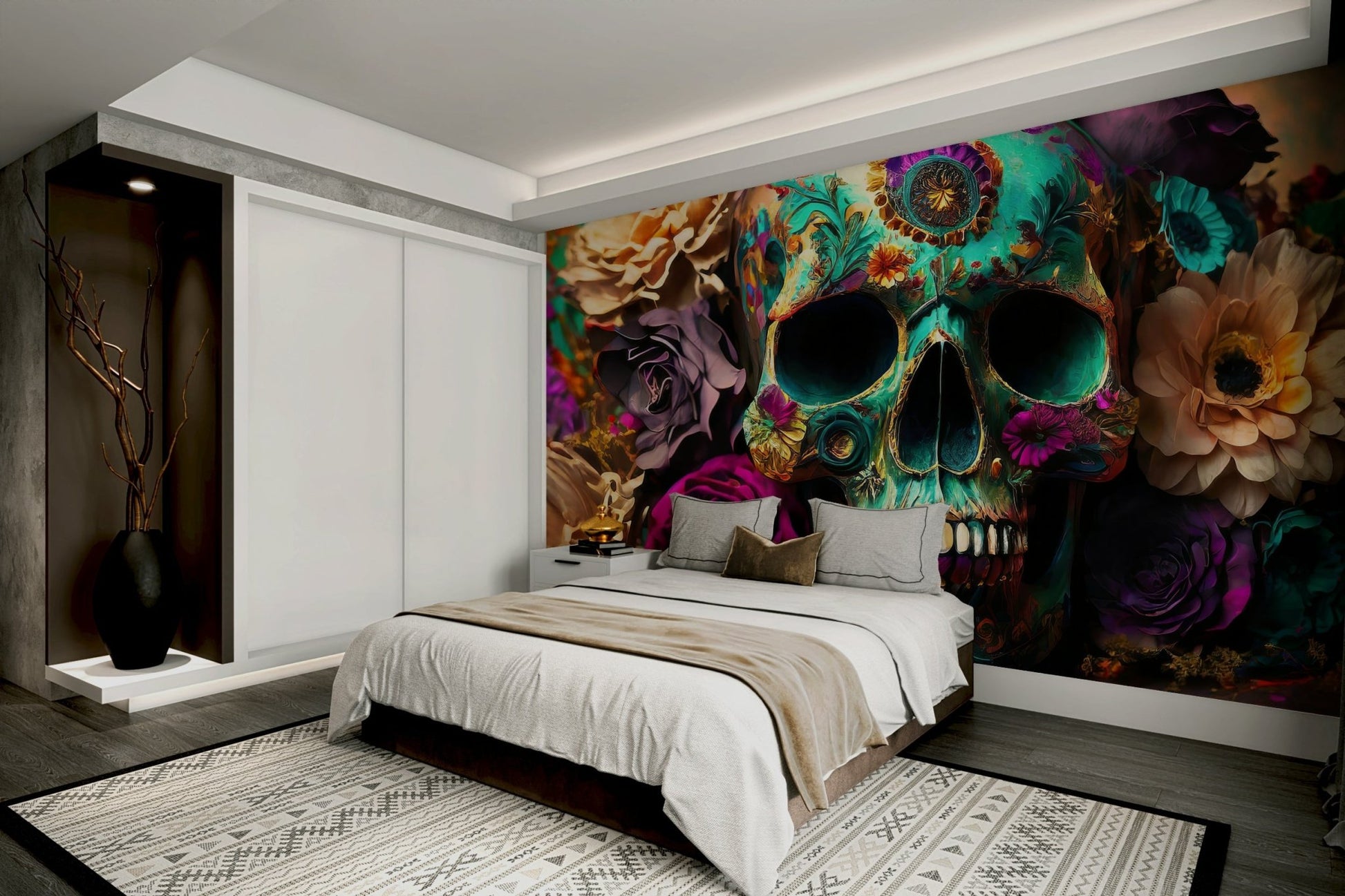 Decorative skull mural with vibrant floral design

