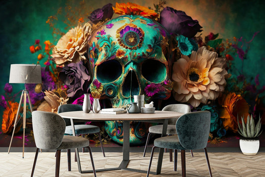 Artistic skull wall mural with colorful floral elements

