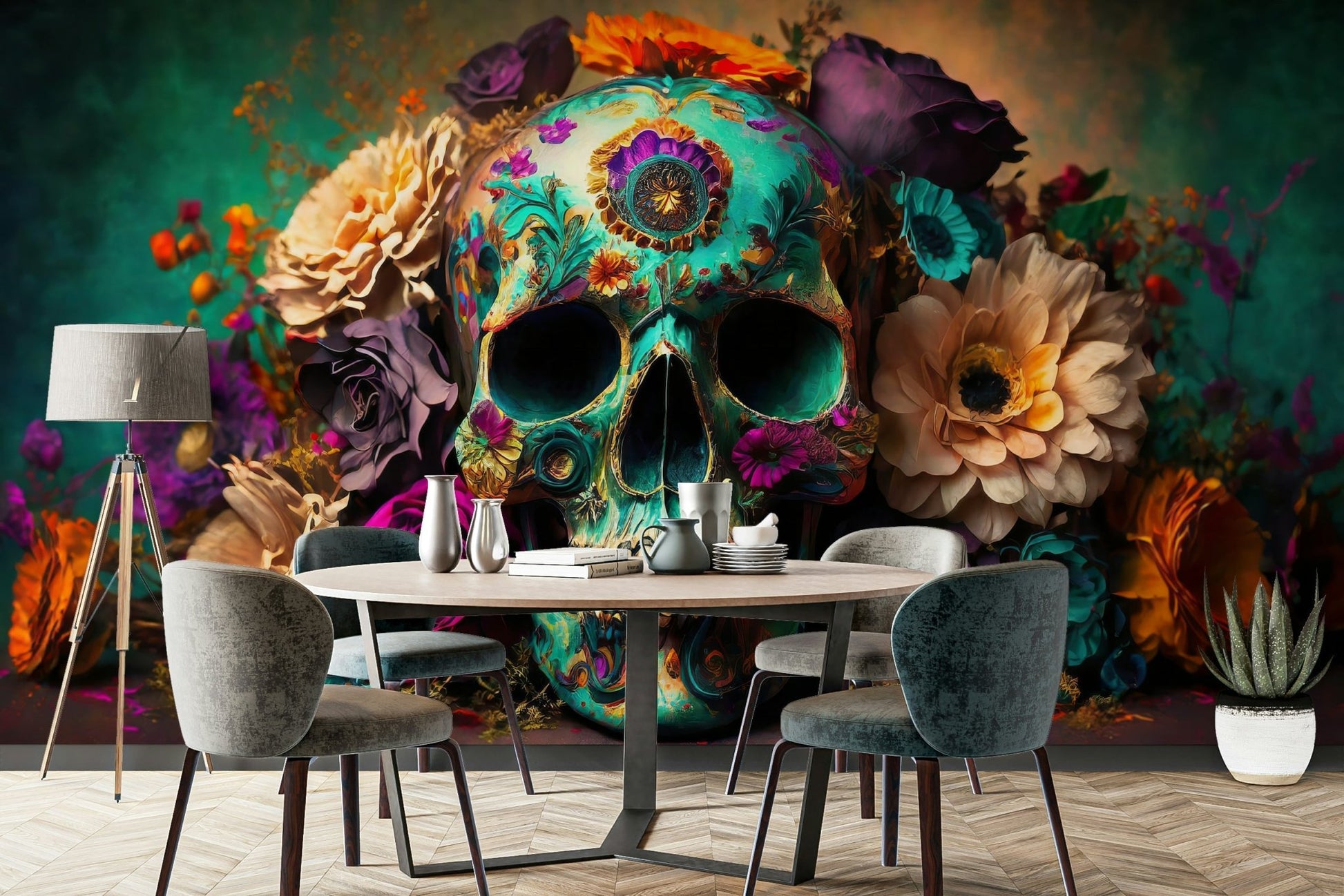 Artistic skull wall mural with colorful floral elements


