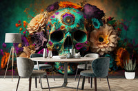 Artistic skull wall mural with colorful floral elements

