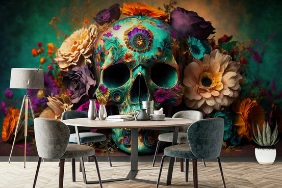 Artistic skull wall mural with colorful floral elements, GD2200
