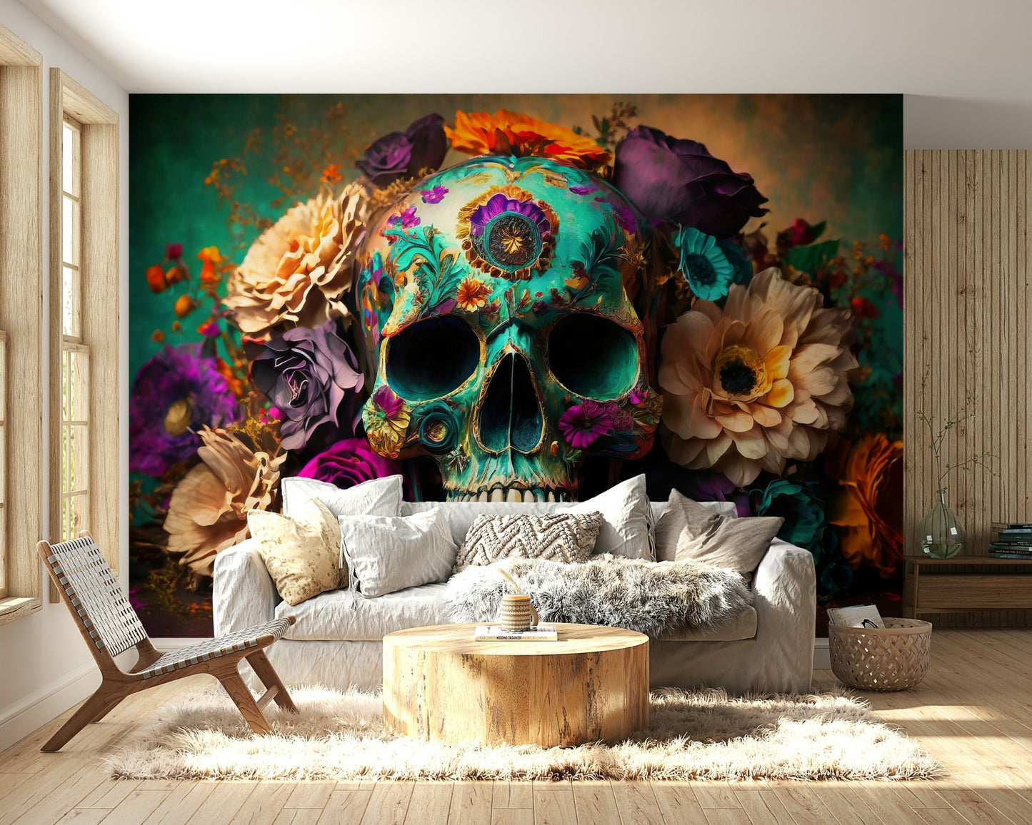 Botanical skull mural with artistic and cultural depth

