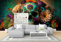 Celebration of life skull mural with flower motifs

