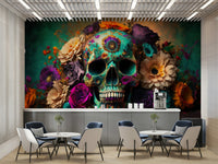 Floral skull mural celebrating life and nature

