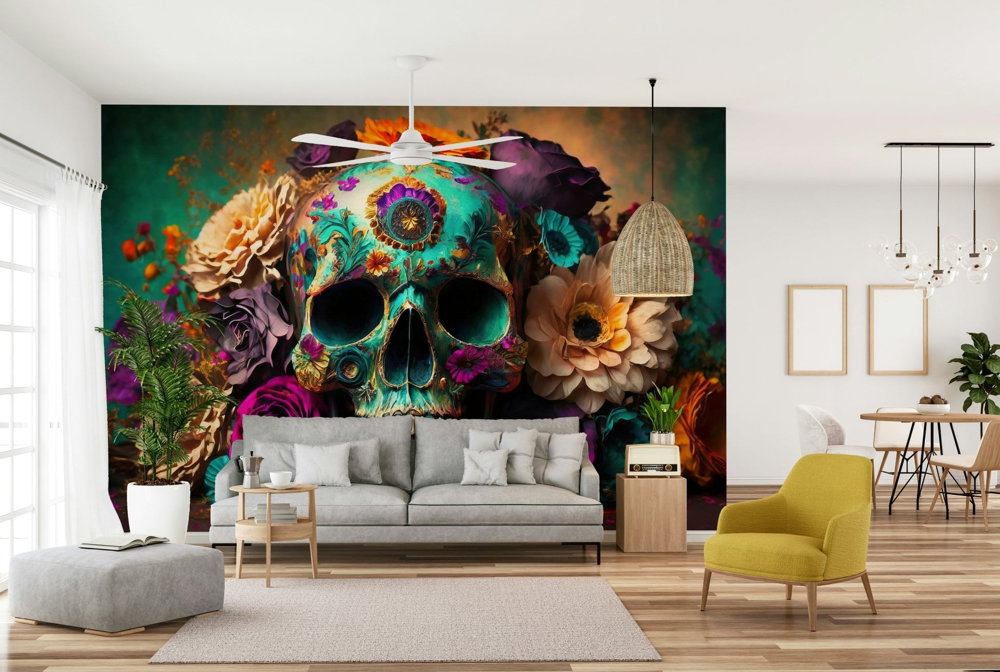 Symbolic floral skull art in celebration of life theme

