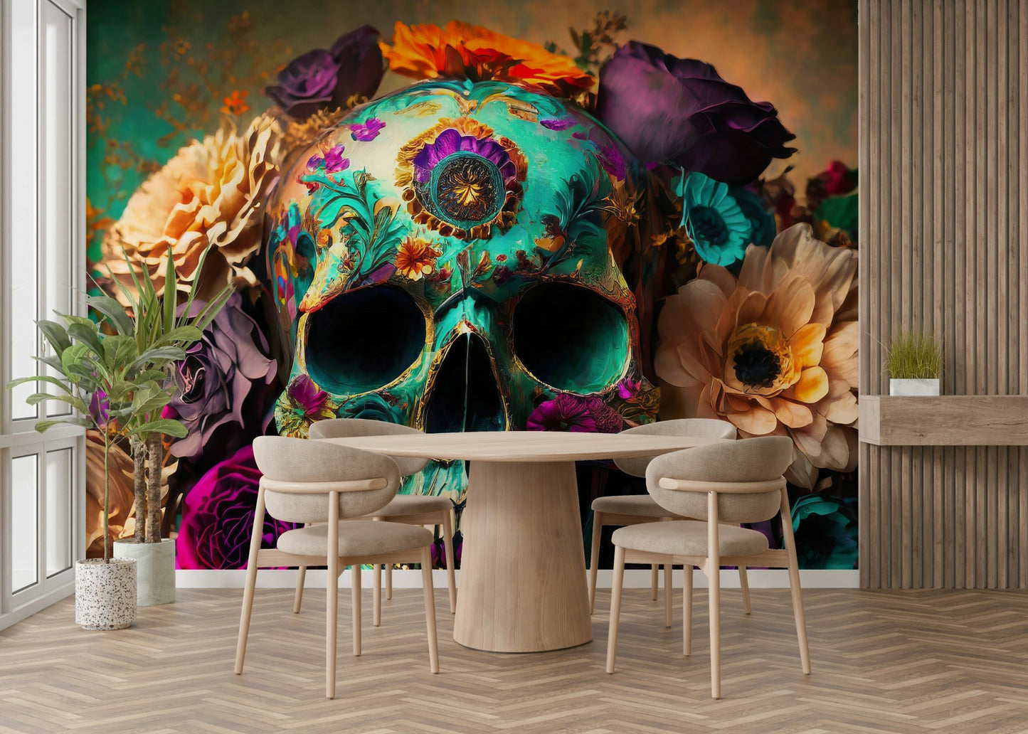 Wall mural featuring skull surrounded by blooming flowers

