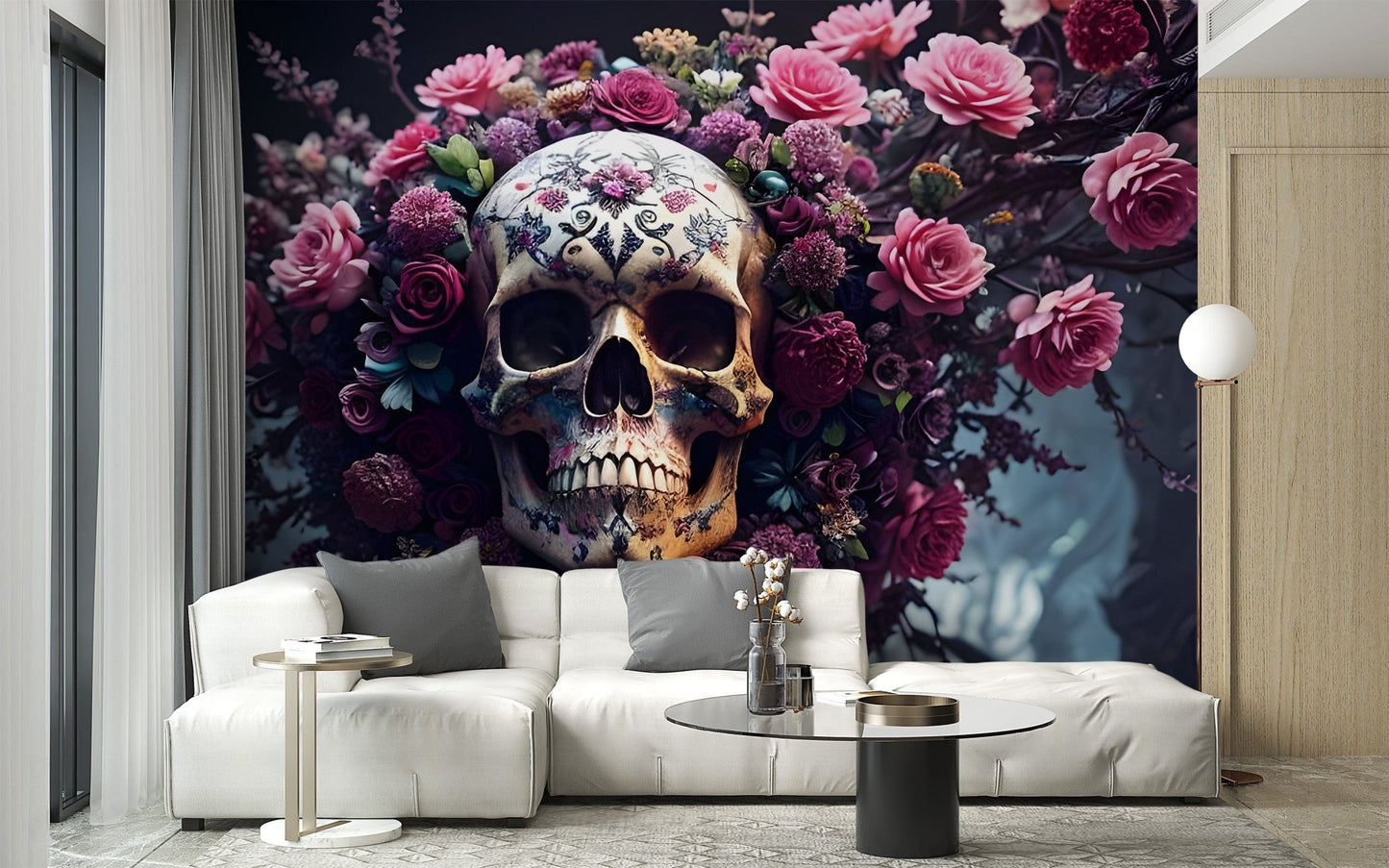 Floral Skull Halloween night mural wallpaper