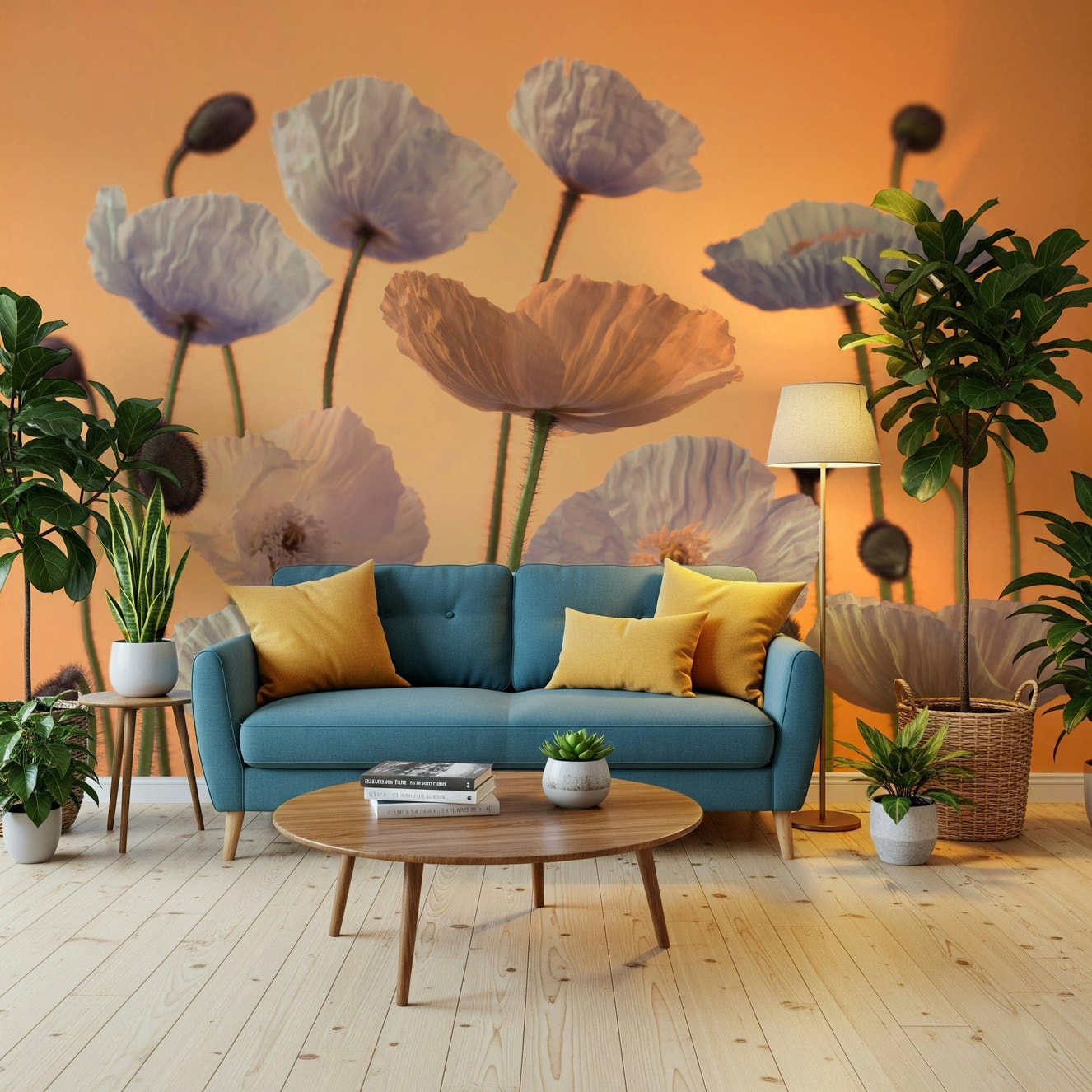 Floral spectacle wall mural in a modern minimalist bedroom setting