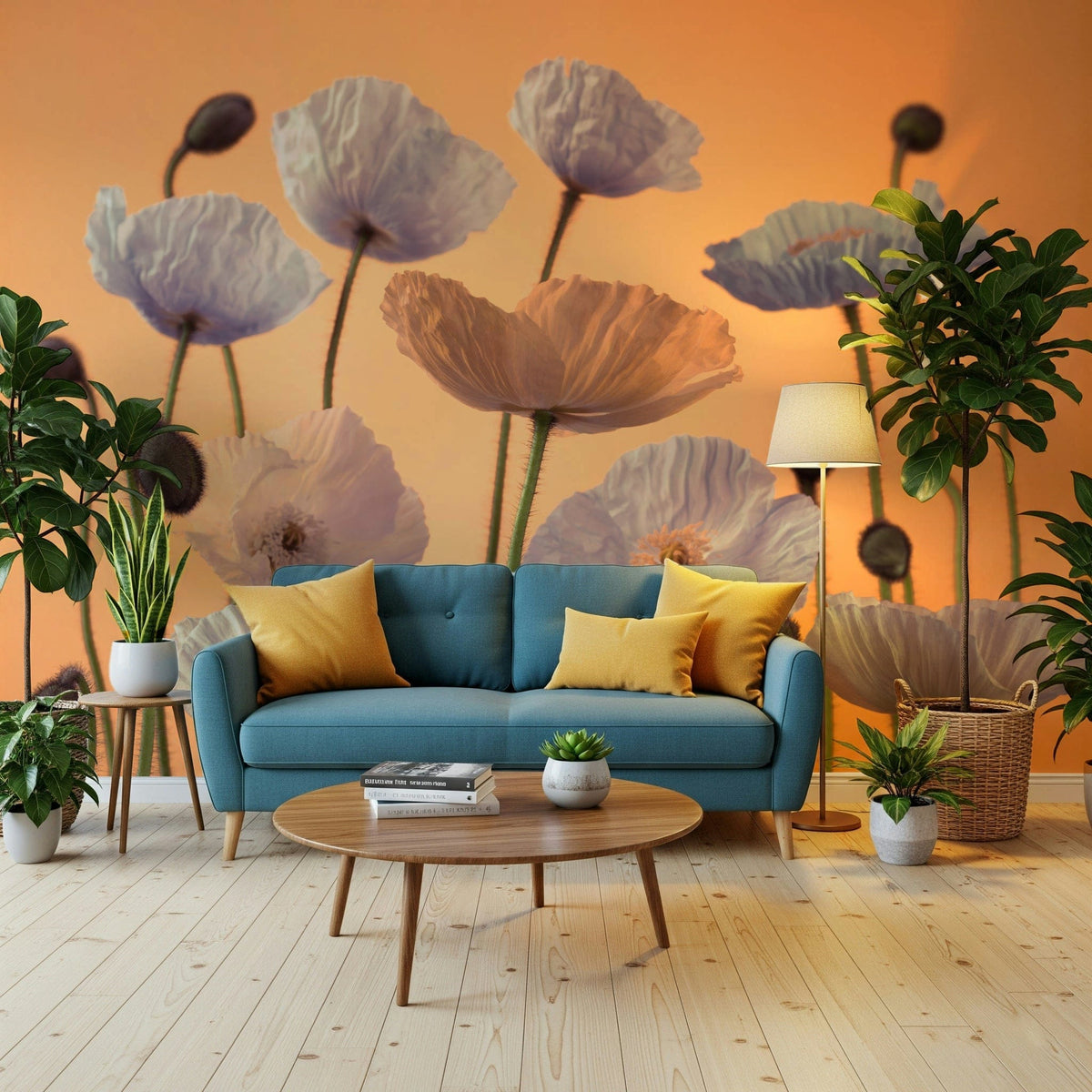 Floral spectacle wall mural in a modern minimalist bedroom setting, GD7700
