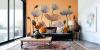 Elegant floral spectacle wall mural behind a grey velvet sofa
