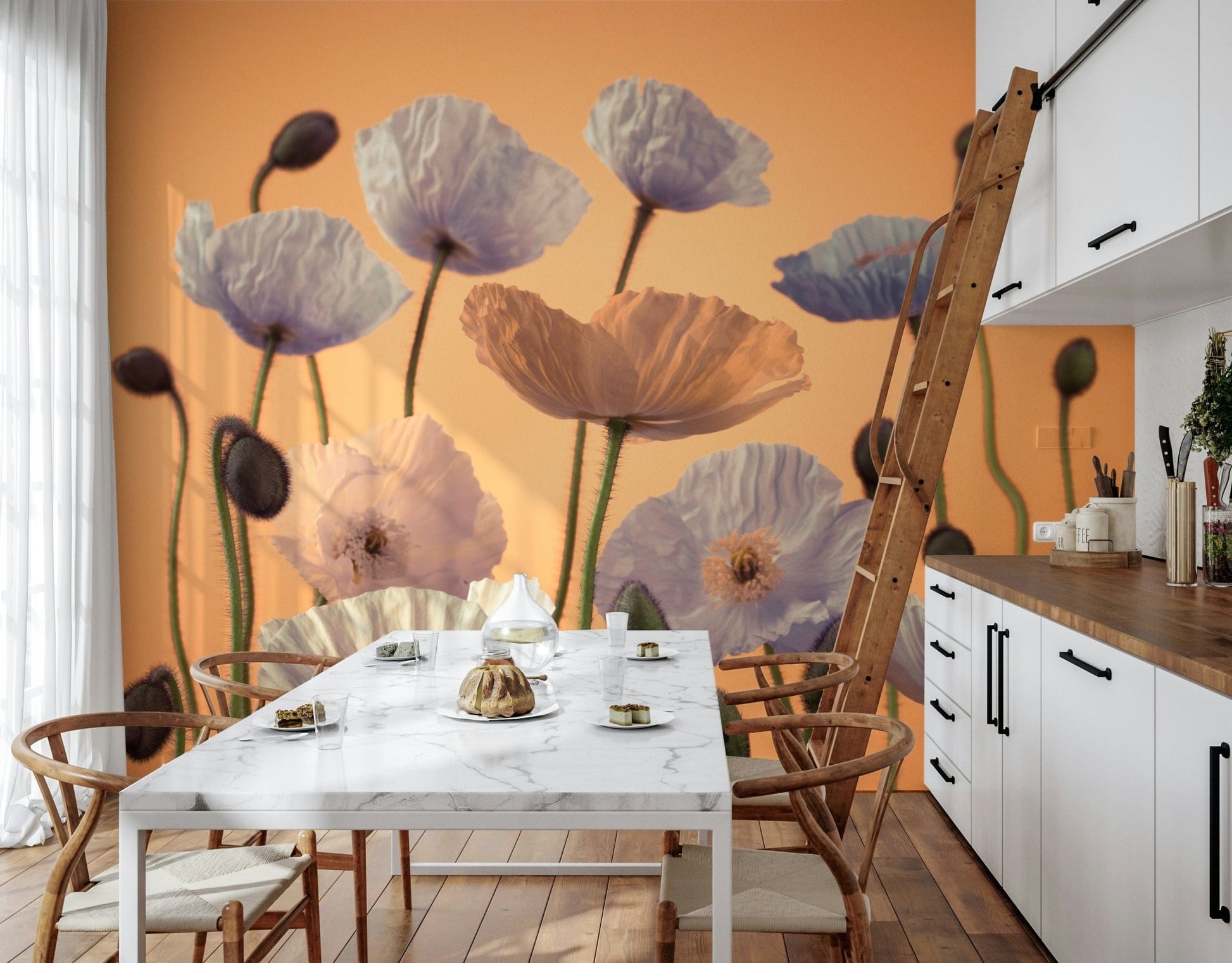 Soft aesthetic wallpaper for a dining area with wooden furniture