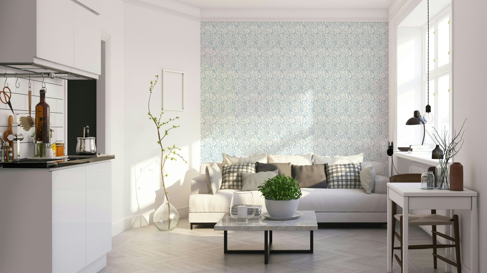 Elegant light blue floral wall pattern GD137

