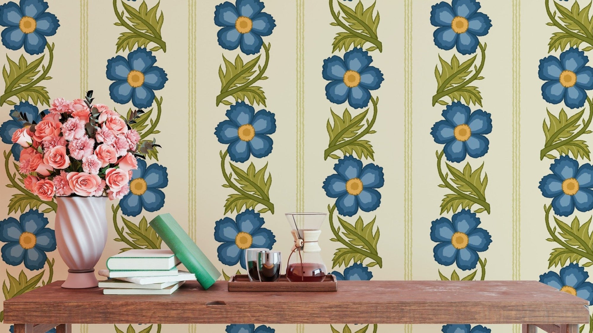 Stylish blue floral stripe wallpaper for a chic and modern vibe. RNM39
