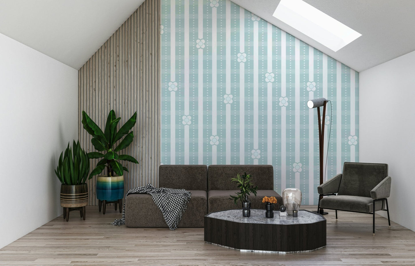 Designer interior featuring the Floral Stripe Serenity Wallpaper design.