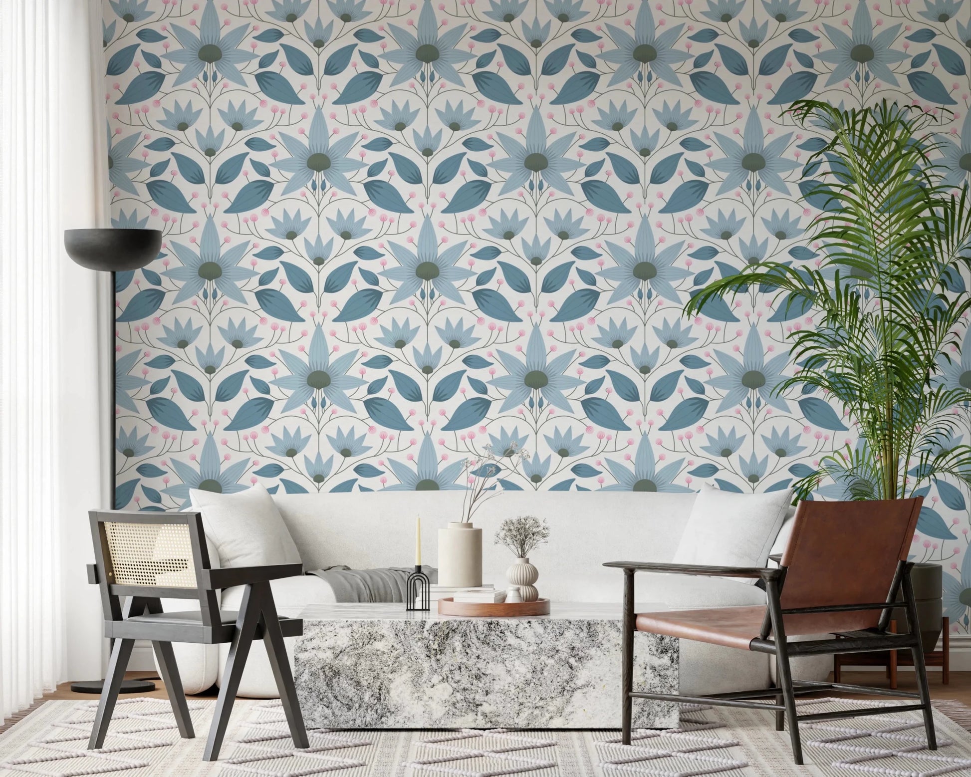 Symmetrical teal and pink botanical wallpaper for bedroom walls