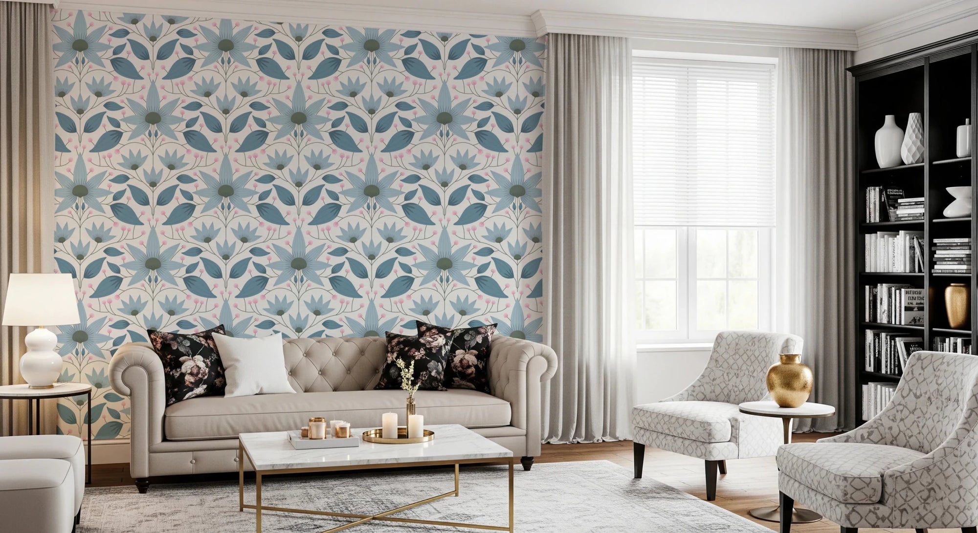 Floral Symmetry Blue Wallpaper with mirrored botanical patterns, GD8377