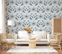 Blue and pink flower wallpaper for luxury apartment wall decor