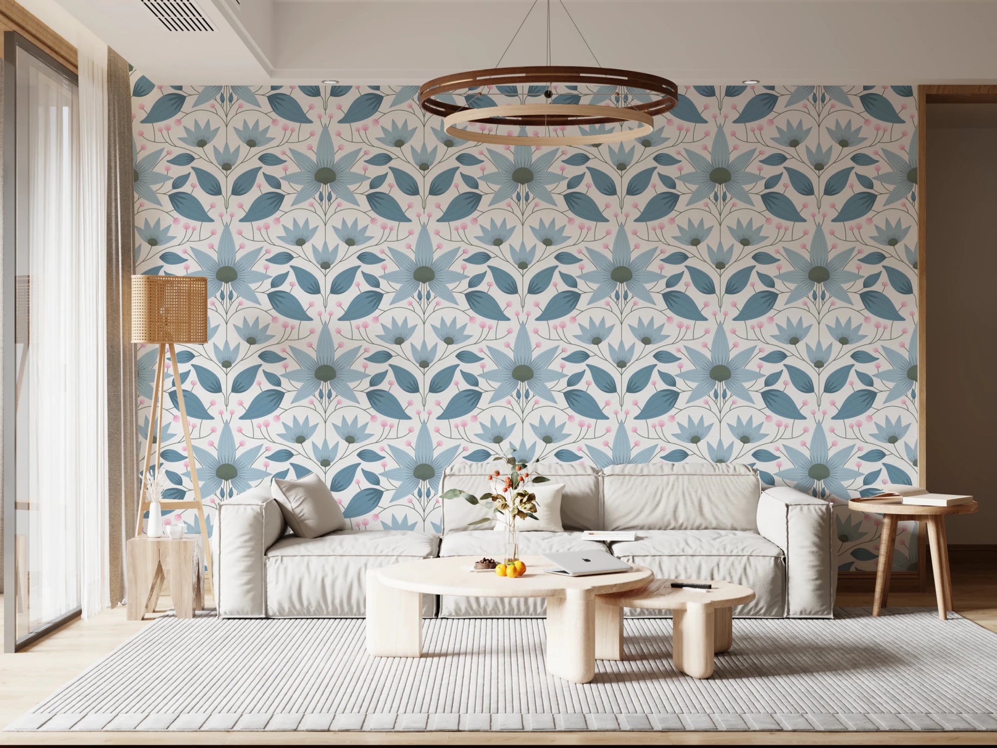 Stylized blue flower wall mural for modern living room decor