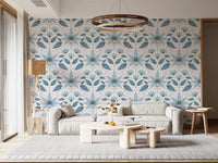 Stylized blue flower wall mural for modern living room decor