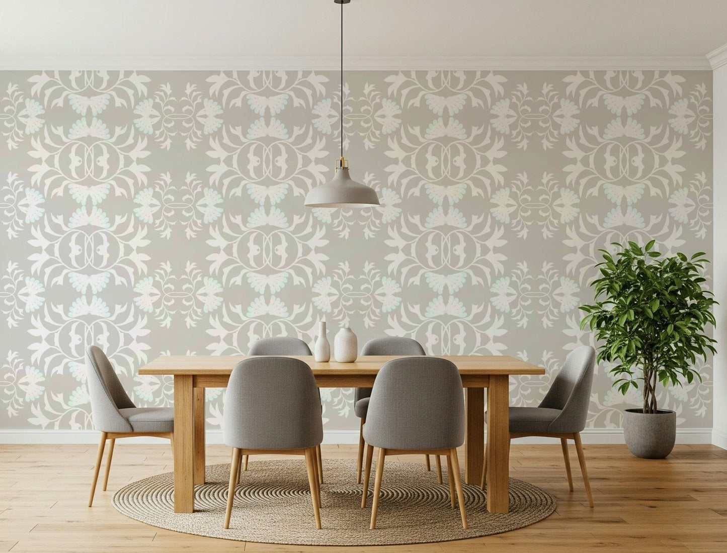 Soft pastel mural wallpaper showcasing symmetrical garden vine patterns.