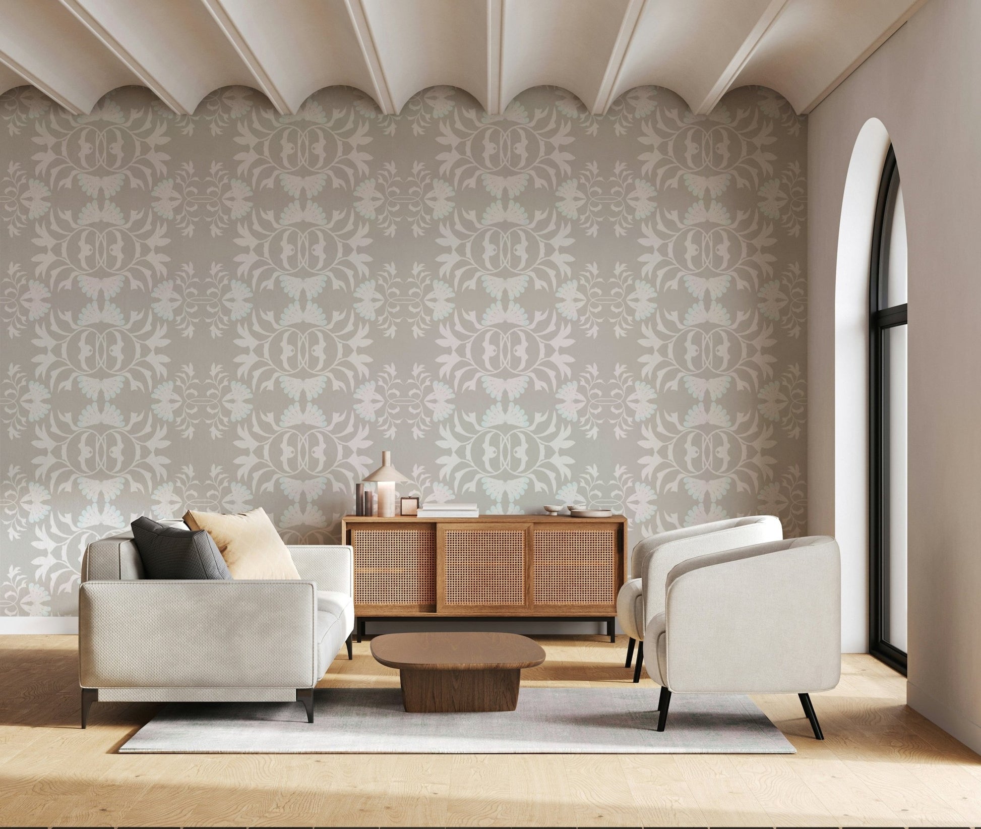Traditional damask style floral symmetry mural for interior decor.