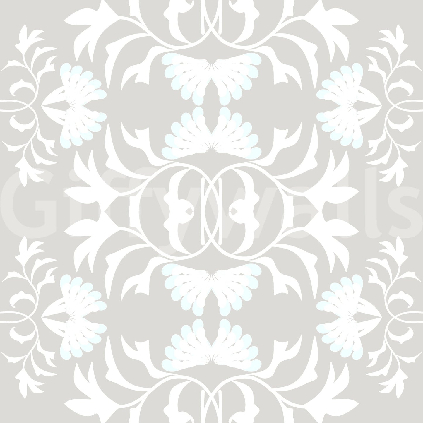 Graceful white vine wall mural over solid light grey.