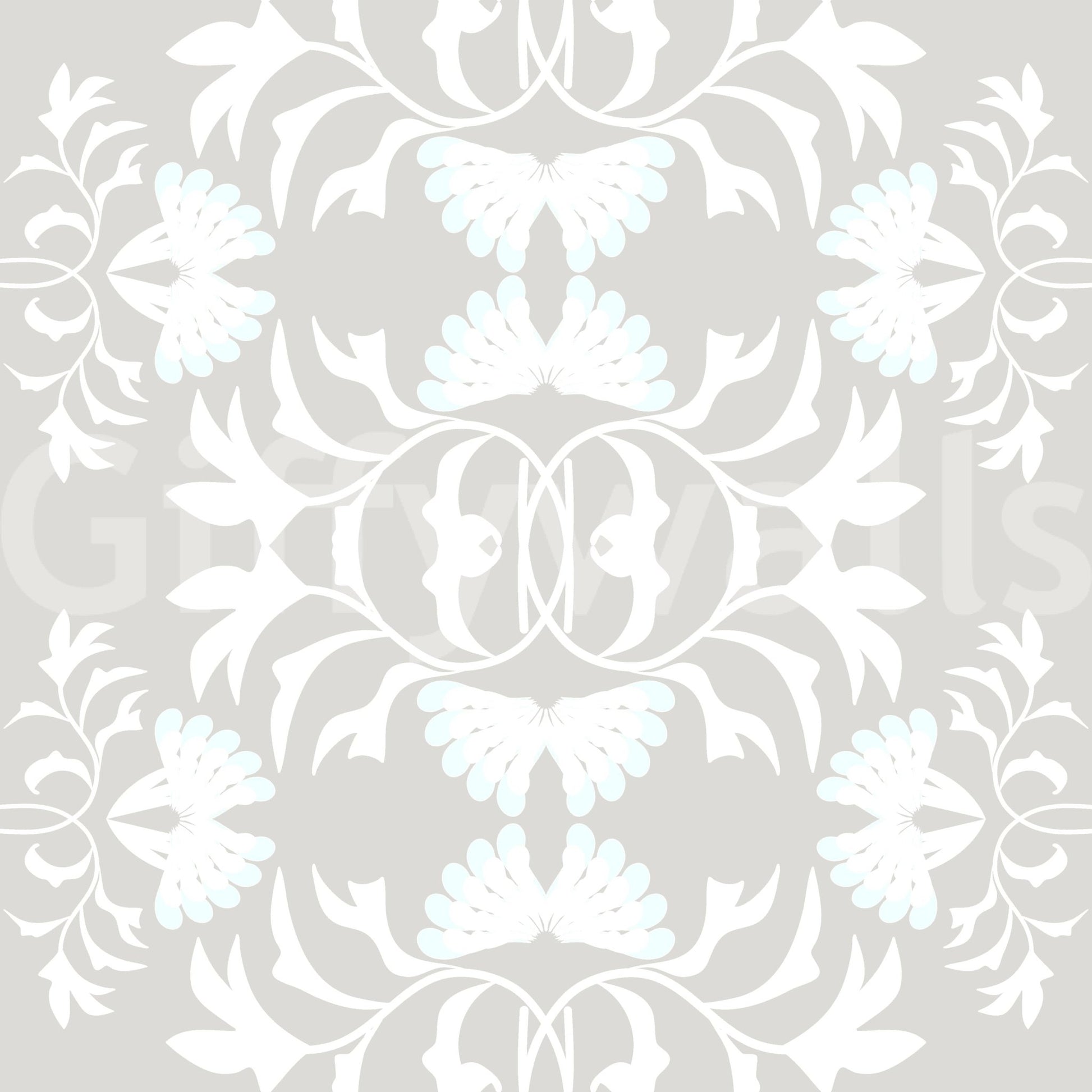 Graceful white vine wall mural over solid light grey.