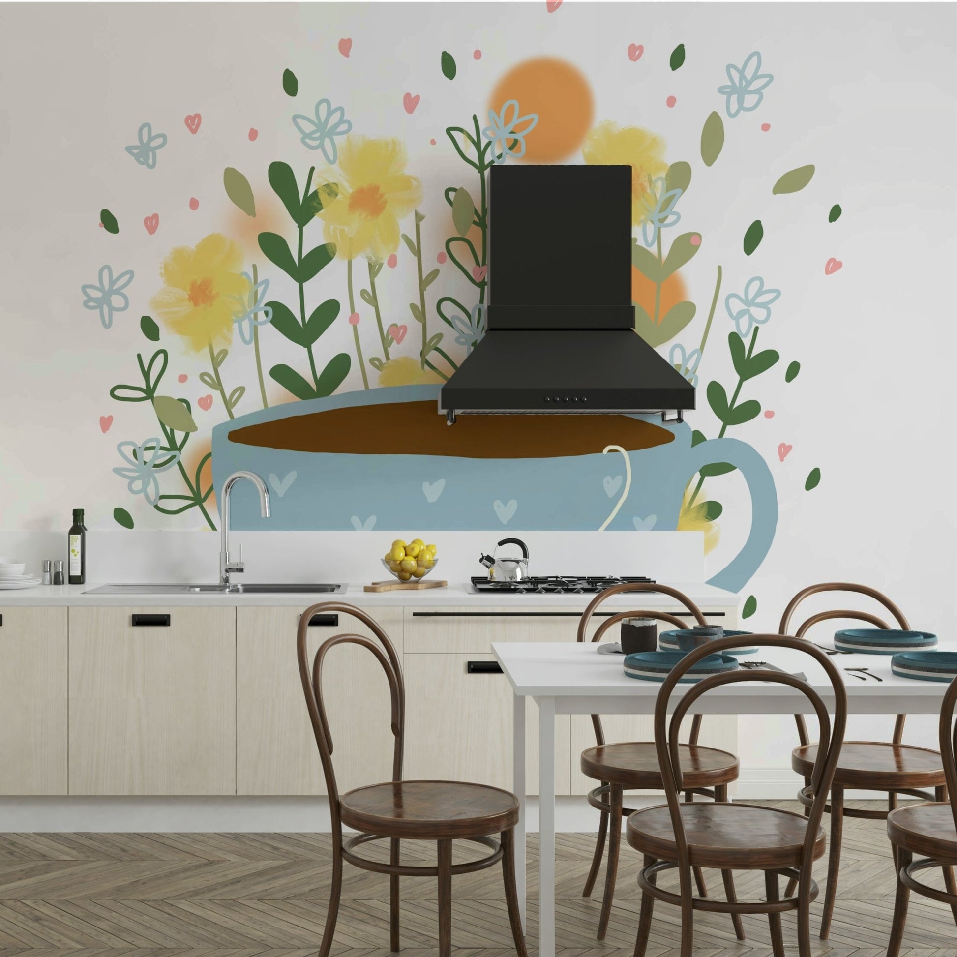 A serene floral mural inspired by tea time moments.

