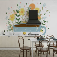 A serene floral mural inspired by tea time moments.

