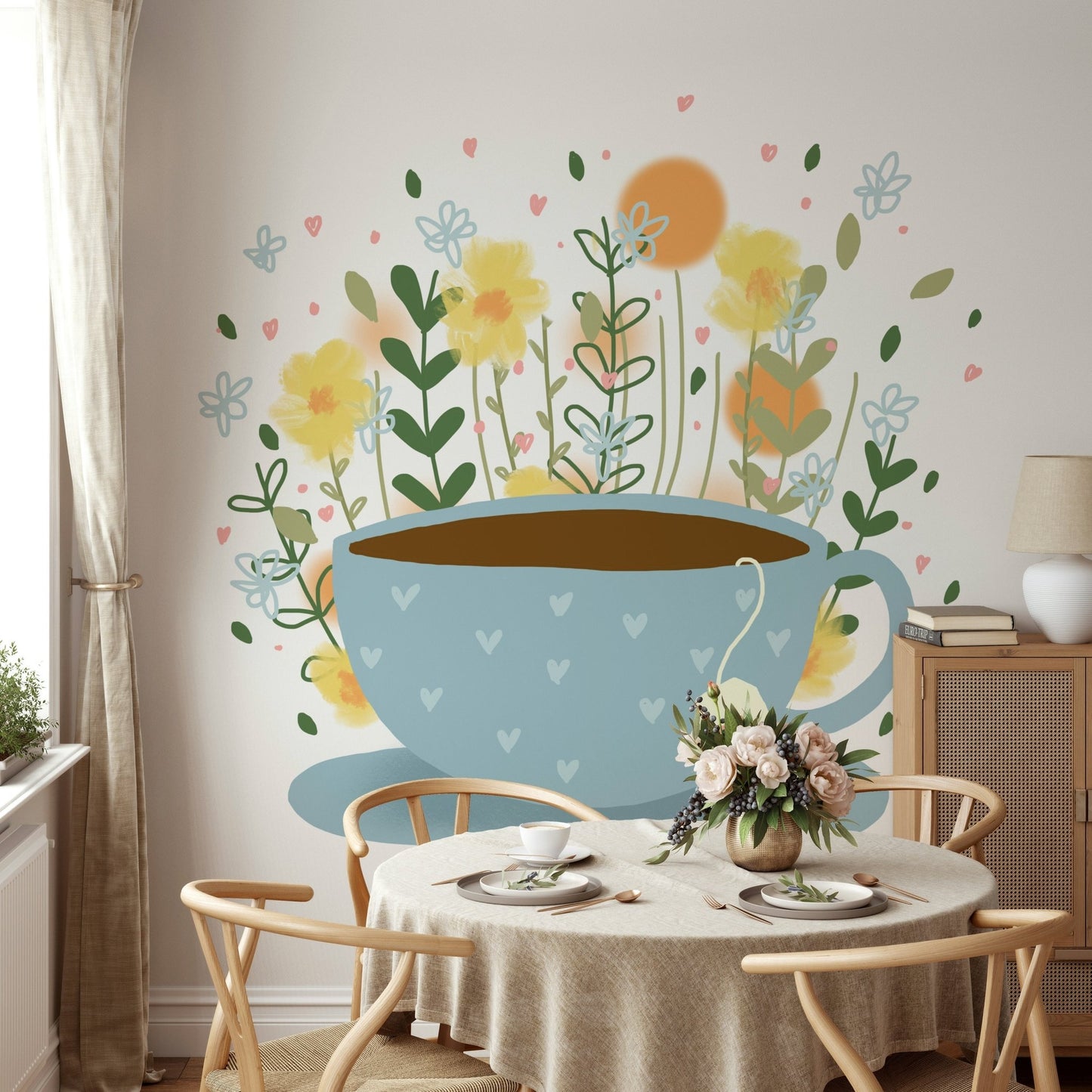 Modern floral mural with tea elements for your home.

