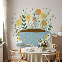 Modern floral mural with tea elements for your home.

