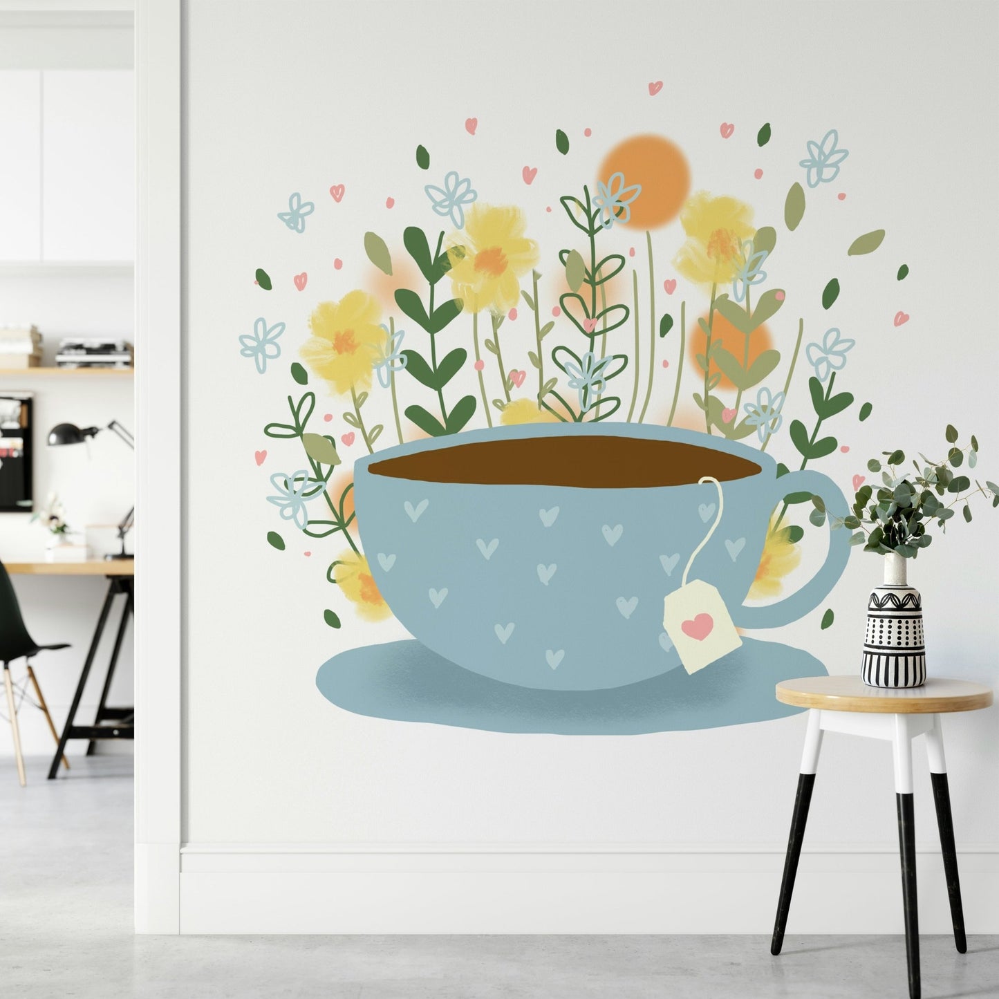 Vibrant tea break floral wall mural for kitchens.

