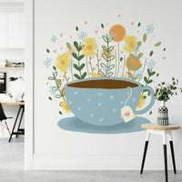 Vibrant tea break floral wall mural for kitchens.

