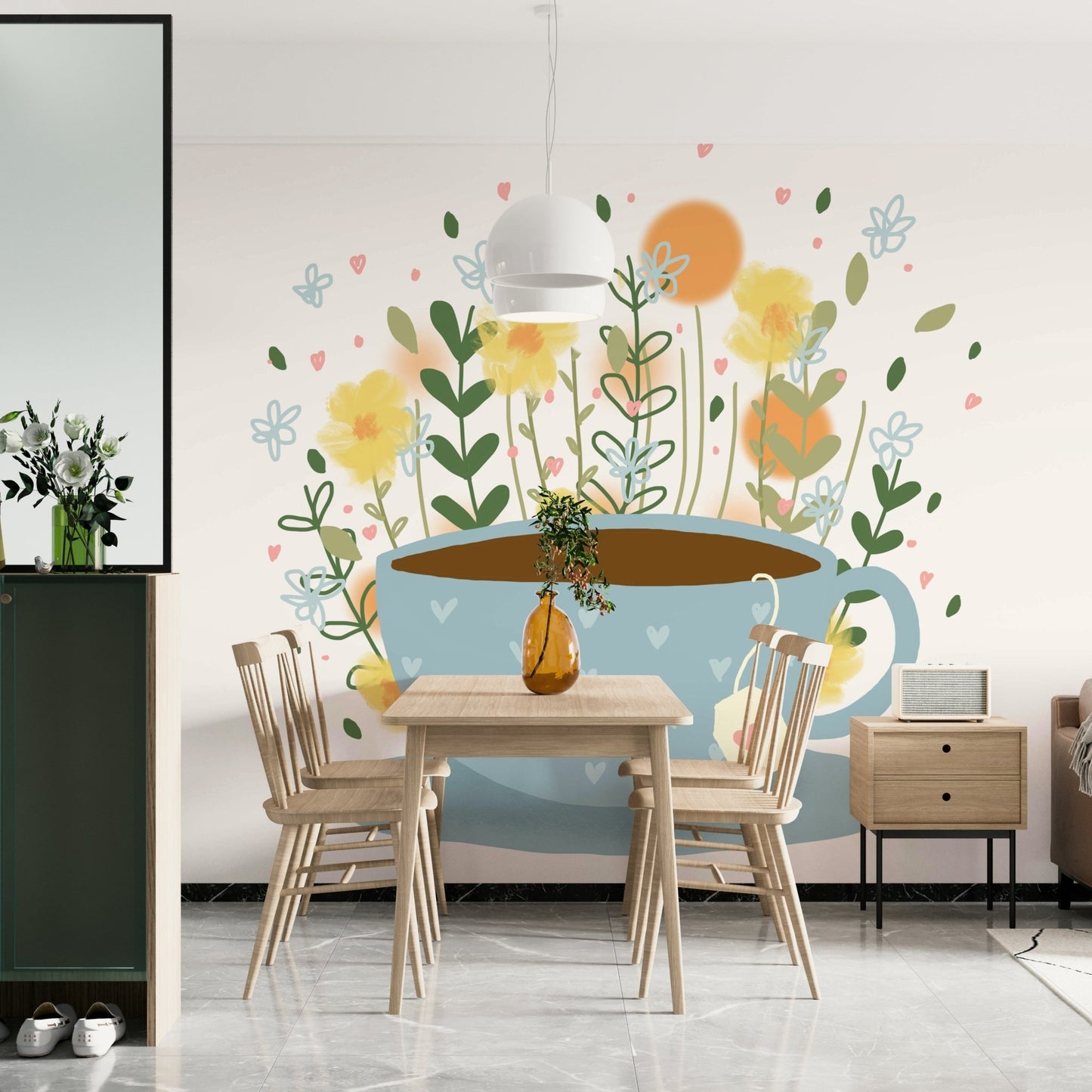 Tea-themed floral mural for a peaceful atmosphere.

