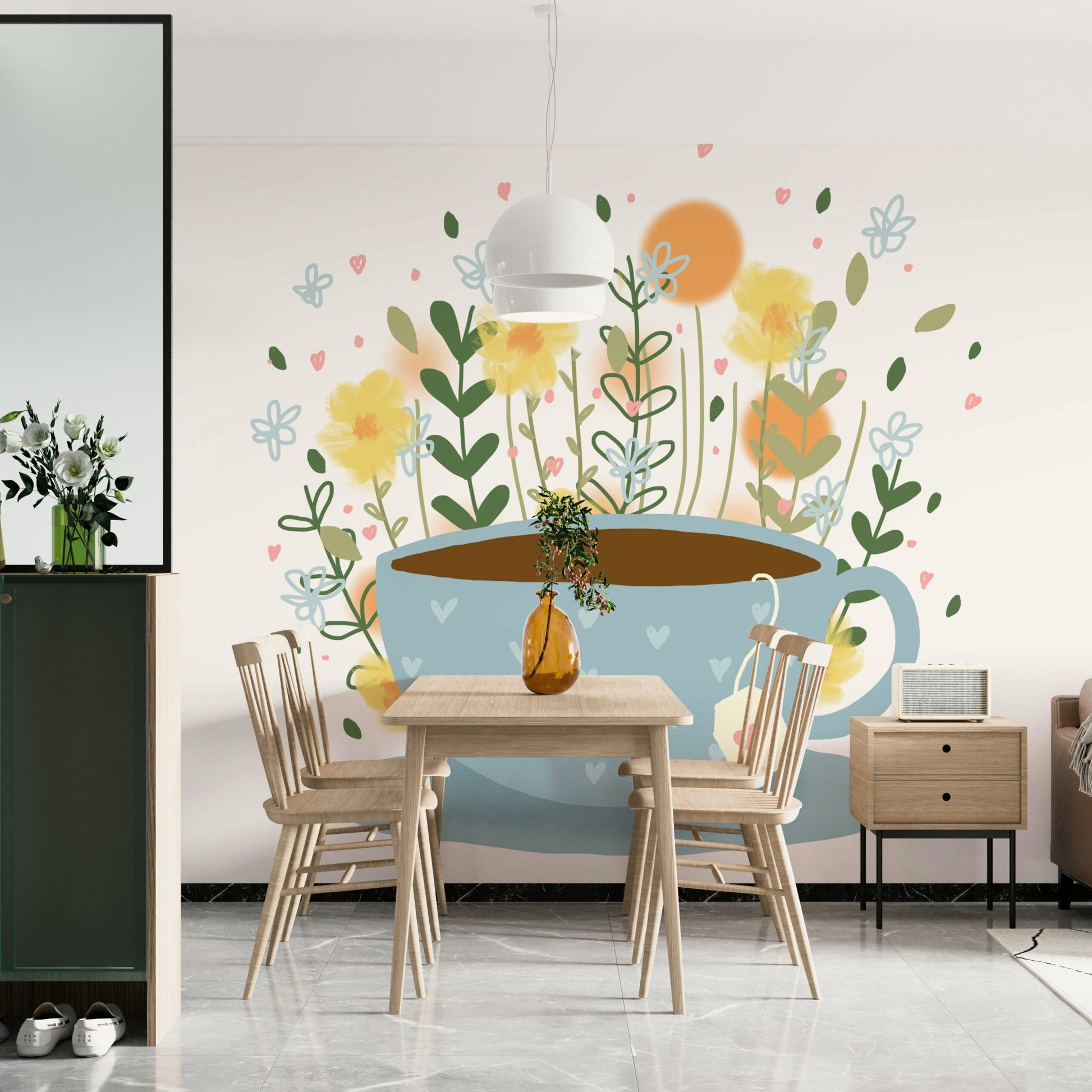 Tea-themed floral mural for a peaceful atmosphere.

