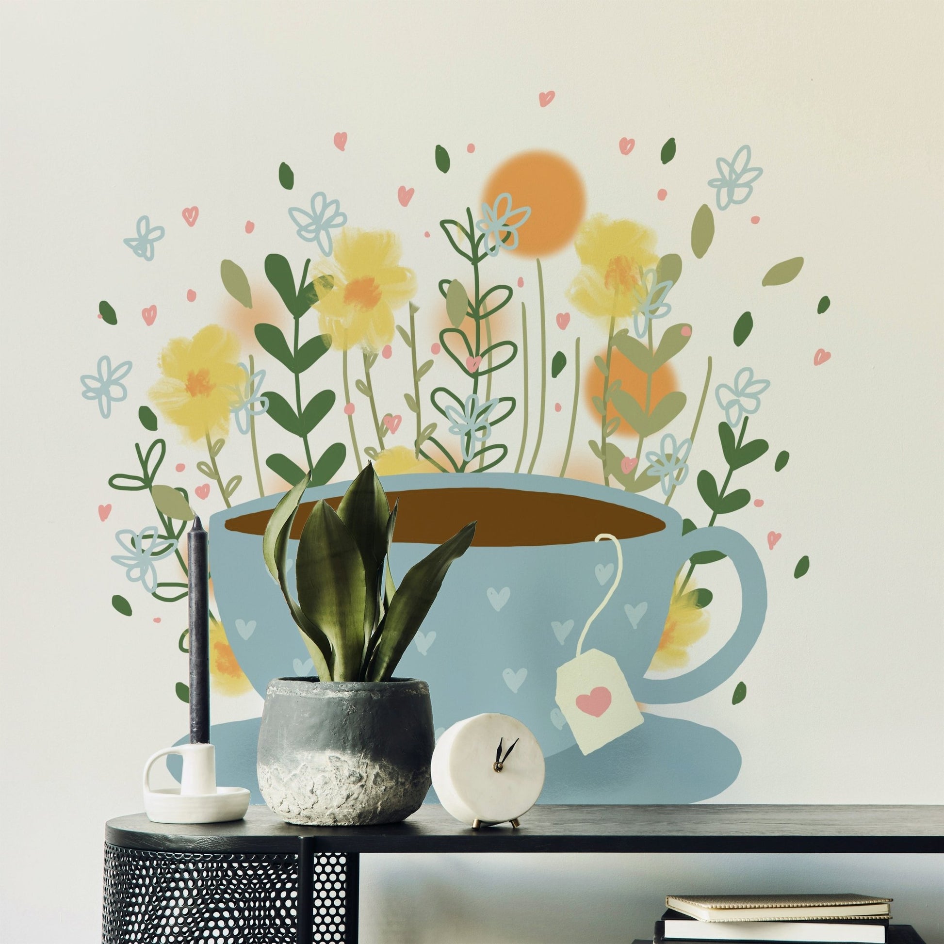 Floral mural featuring blooming flowers and tea cups.

