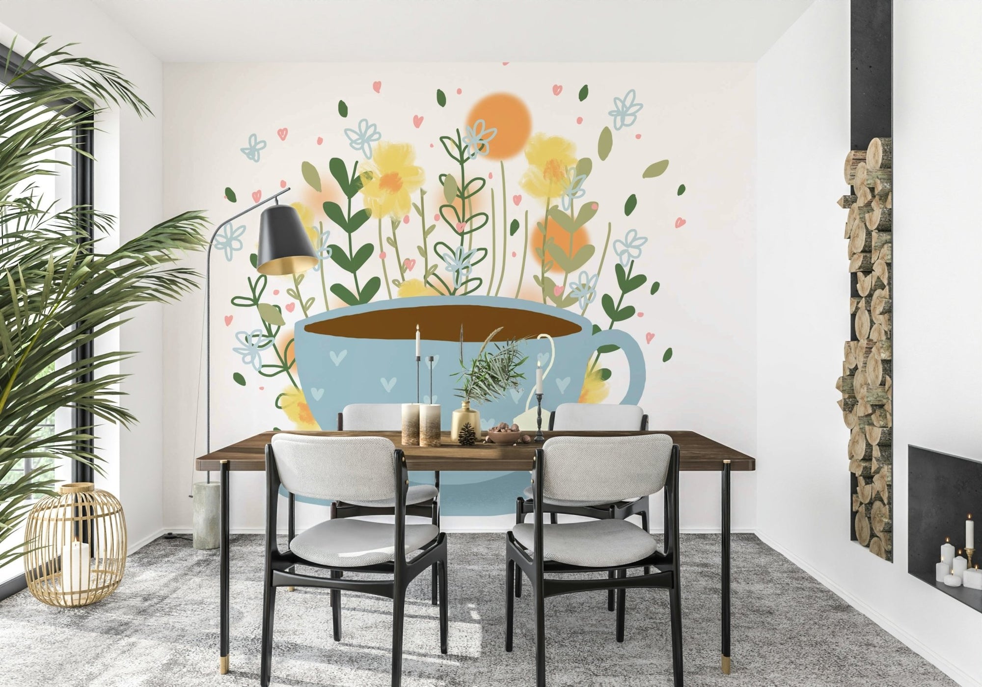 Floral Tea Break Wall Mural for cozy spaces., GD1829