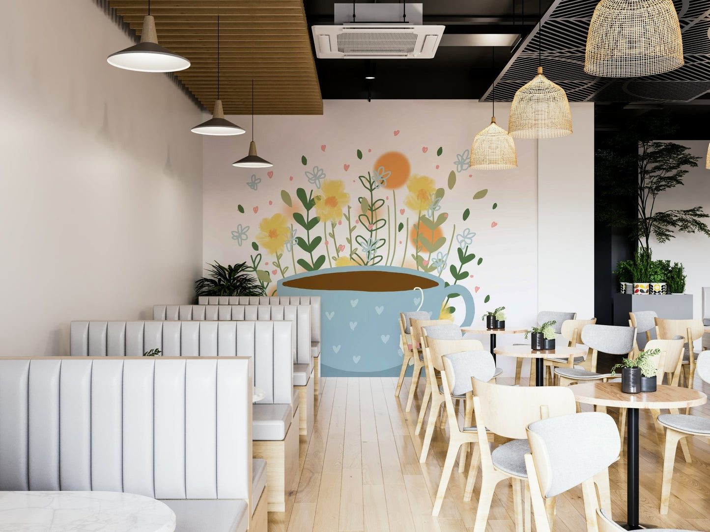 Charming floral wallpaper with a tea break theme.

