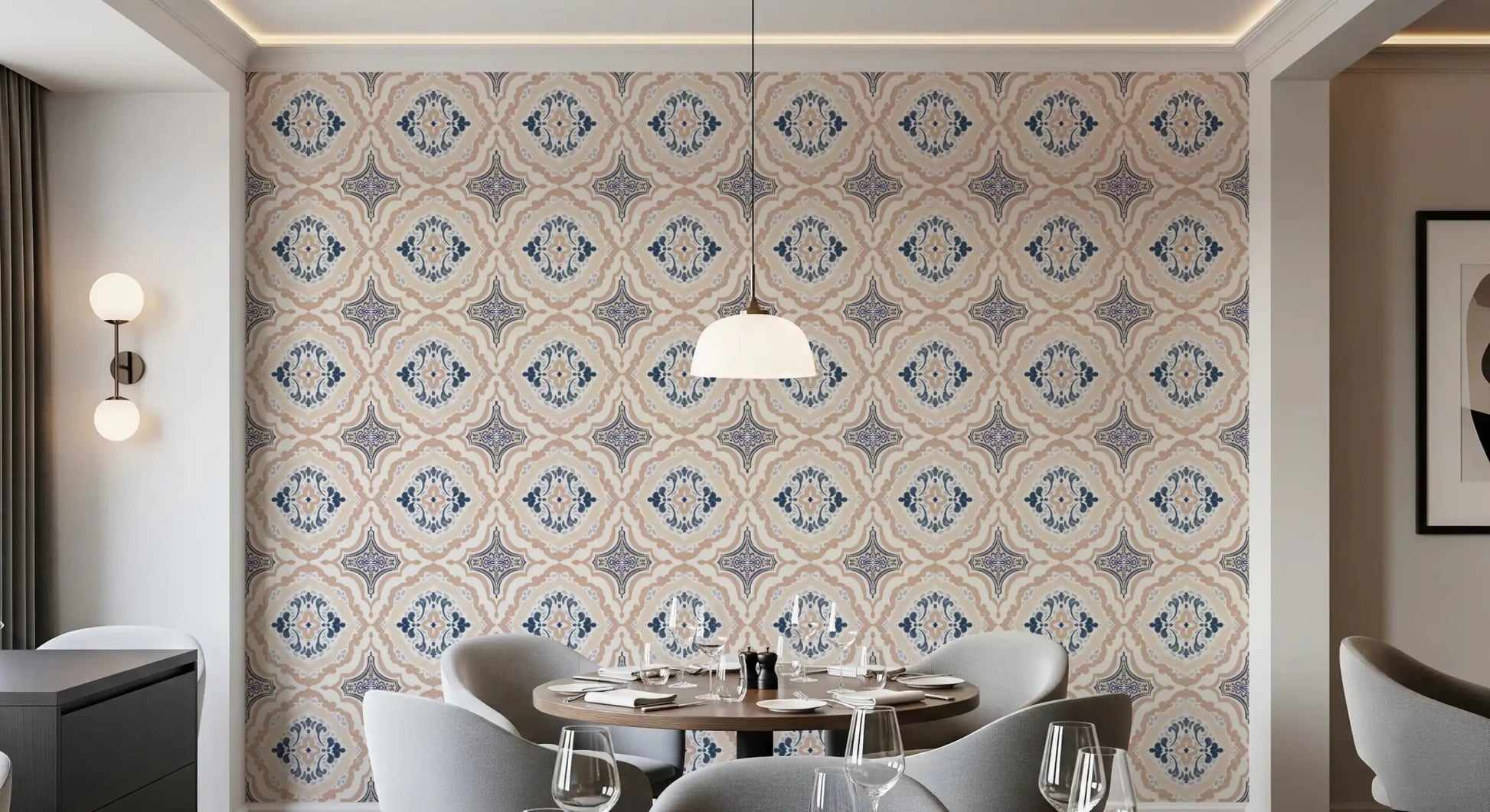 Breakfast nook styled with Floral Tile Harmony Wallpaper and a hanging light